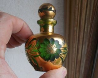 GOLD CUT TO GREEN HANDBLOWN CUT GLASS PERFUME BOTTLE IRVING RICE 1940s W/ LABEL 2