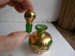 GOLD CUT TO GREEN HANDBLOWN CUT GLASS PERFUME BOTTLE IRVING RICE 1940s W/ LABEL 3