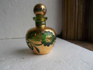 GOLD CUT TO GREEN HANDBLOWN CUT GLASS PERFUME BOTTLE IRVING RICE 1940s W/ LABEL 5