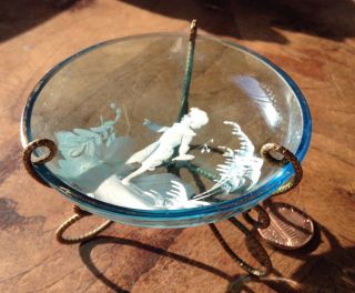 Antique Victorian Mary Gregory Turquoise Blue Art Glass Boy Dish Plate W/stand