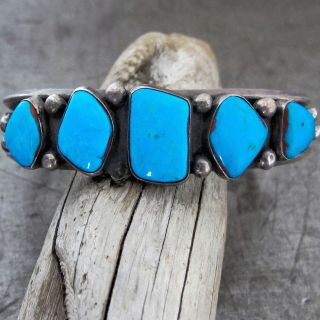Vtg Old Pawn Navajo Turquoise Row Cluster Large Sterling Silver Cuff Bracelet