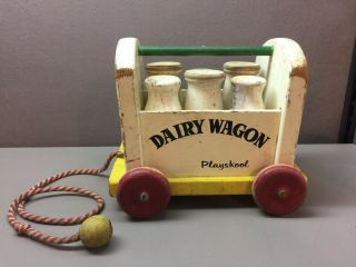Vintage Playskool Dinky Dairy Wood Toy Wagon Milk Bottle Pull Toy