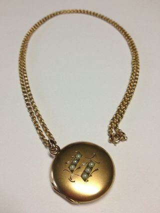 Antique Seed Pearls 10k Gold Round Locket Pendant Necklace,  14k Chain 24 In.