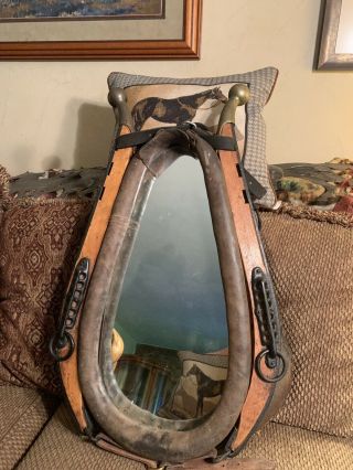 Vintage Leather Horse Collar Mirror With Hames - Brass Knobs - Western Decor