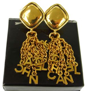 Authentic Chanel Vintage Cc Logos Fringe Earrings Clip - On 0.  9 - 3.  1 " Bt14016k