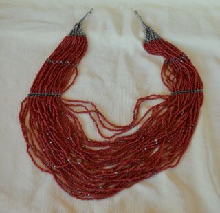 Vtg 24 " 30 - Strand Reddish Coral Seed Bead & Silver Necklace Southwestern Native?
