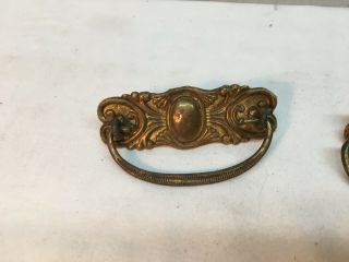 VTG Pair Fancy Victorian Ornate Brass Drawer Cabinet Handle Drop Swing Pulls 3