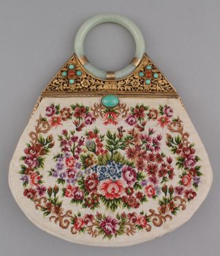 Chinese Petit Point Embroidered Purse Jade Handle Turquoise Carnelian Gold Gilt