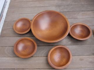 Vintage Set Of 5 Wooden Hand Made Salad Bowl Serving Set