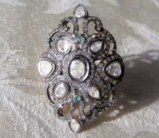 Antique Diamond Ring With Emeralds.  Silver & Gold.  Tablet Cut,  Rose Cut Stones