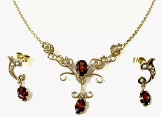 Vintage 9ct Gold Set Garnet Seed Pearl Lavaliere Necklace Drop Post Earrings
