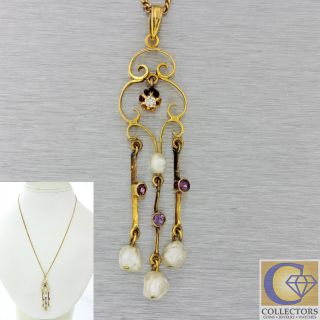 1880s Antique Victorian 14k Yellow Gold Diamond Pearls Amethyst Pendant Necklace