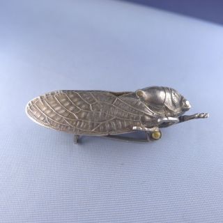 Rare Art Nouveau Sterling Silver Cicada Brooch / Antique Insect Lucky Pin 3