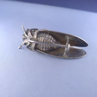 Rare Art Nouveau Sterling Silver Cicada Brooch / Antique Insect Lucky Pin 5