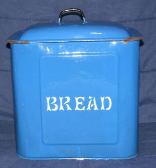 Vintage Blue Porcelain Enamelware Bread Box Container With Lid