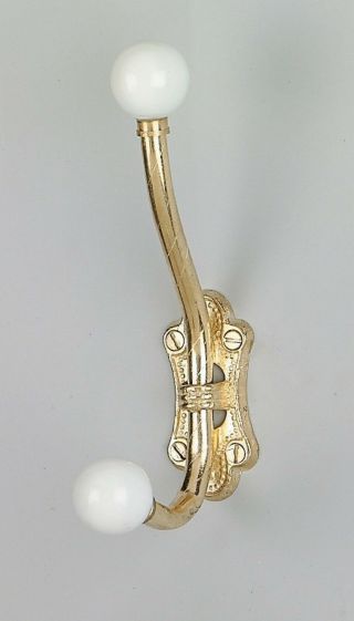 Brass Finish Vintage Style Double Hook W/ White Porcelain Knobs