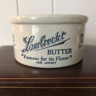 Vintage Blue Printed Large 1.  5 Lbs Lambrecht Butter Crock Jersey Stoneware