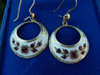 Antique Vintage 14k Gold Enamel Ruby Garnet Dangle Earrings