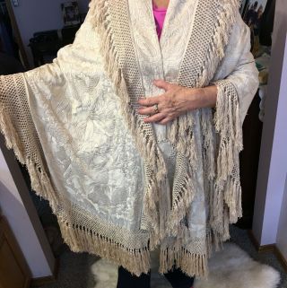 Antique Embroidered Silk Opera  cape With Fringe