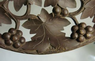 Antique Switzerland Black Forest Carved Wood Leaf Grape Handled Tray Signed 3