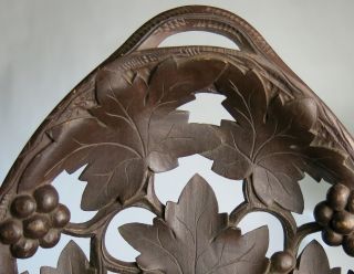 Antique Switzerland Black Forest Carved Wood Leaf Grape Handled Tray Signed 6