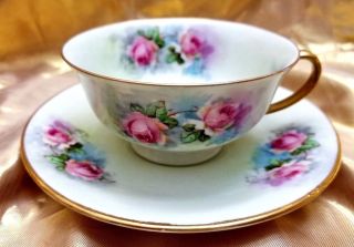 Antique Limoges France A Lanternier Hand Painted Cabbage Roses Cup & Saucer