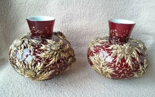 Antique Bohemian Harrach Cased Oxblood Gilded Glass Vases Art Nouveau Japanese