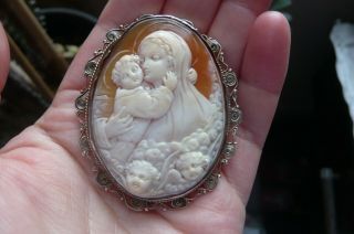 Late Art Deco Madonna With Child And Two Cherubs Shell Cameo And Silver Brooch