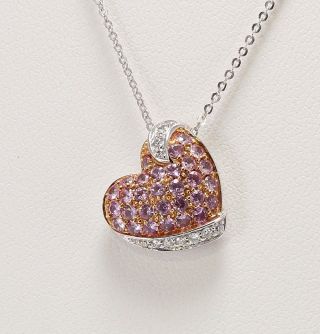 Glam Estate 14k White Gold Natural Pink Sapphire & Diamond Puffy Heart Necklace