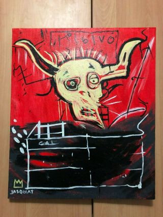 Jean Michel Basquiat Oil Painting On Canvas Signed Rare 21  X 24.  5