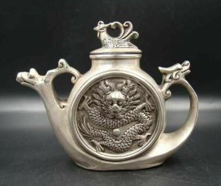 Collectible Handmade Carving Statue Copper Silver Dragon & Phoenix Teapot