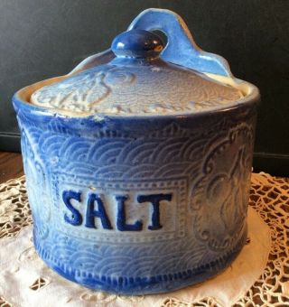 Blue And White Stoneware Salt Crock With Lid