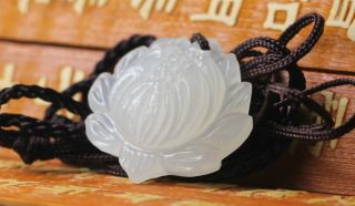 Chinese natural white jade hand - carved lotus flower pendant 2