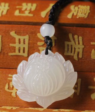 Chinese natural white jade hand - carved lotus flower pendant 3