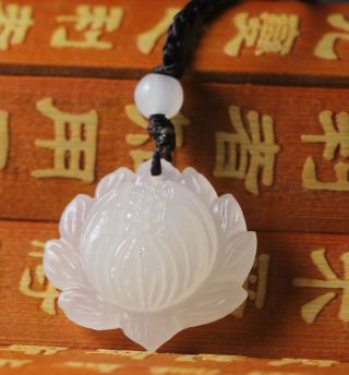 Chinese natural white jade hand - carved lotus flower pendant 4
