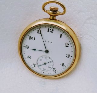 Elgin 14k Gold Pocket Watch 12s 1922 Open Face.  15 Ruby Jewels Strong Running