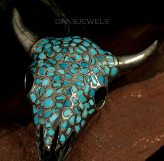 Rustic Old Pawn Vintage Navajo Cows Steer Head Turquoise & Sterling Bolo Tie