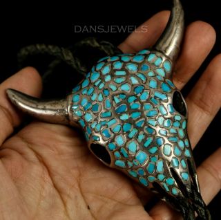 Rustic Old Pawn Vintage NAVAJO Cows Steer Head Turquoise & Sterling Bolo Tie 2