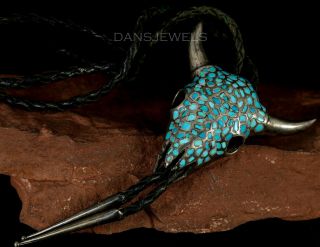 Rustic Old Pawn Vintage NAVAJO Cows Steer Head Turquoise & Sterling Bolo Tie 3