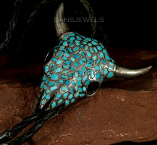 Rustic Old Pawn Vintage NAVAJO Cows Steer Head Turquoise & Sterling Bolo Tie 4