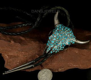 Rustic Old Pawn Vintage NAVAJO Cows Steer Head Turquoise & Sterling Bolo Tie 5