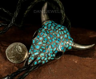 Rustic Old Pawn Vintage NAVAJO Cows Steer Head Turquoise & Sterling Bolo Tie 6