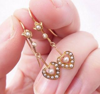 15ct Gold Seed Pearl Sweetheart Earrings,  Victorian