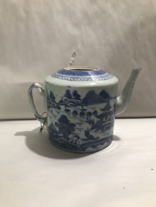 Antique Chinese Export Blue & White Canton Porcelain Teapot 19c No Lid