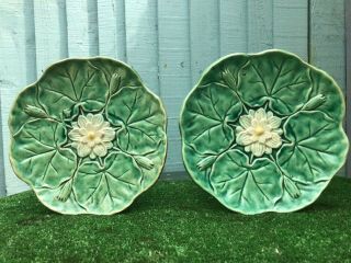 Pair 19thc Majolica Plates With Water Lily Flower & Leaf Decor C1880s