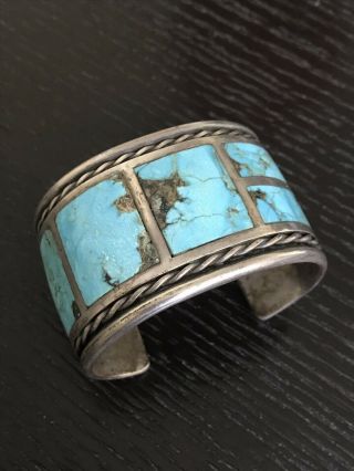 Vintage American Indian Turquoise Inlay Mosaic Signed Bracelet Silver 135 Grams