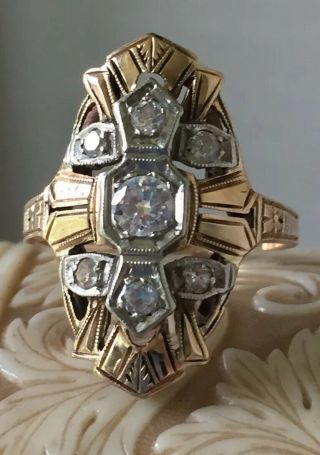 Vintage Art Deco 14k Yellow Gold Diamond Ring Size 6.  5