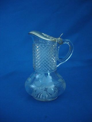 Vintage Early Etched Glass Syrup Pitcher - 3 Part Mold