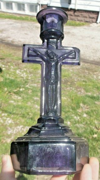 Purple Glass Catholic Crucifix Candlestick 1910 