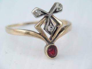 Antique Art Nouveau Solid 14k Gold Mine Cut Diamond & Ruby Ring Unique Design